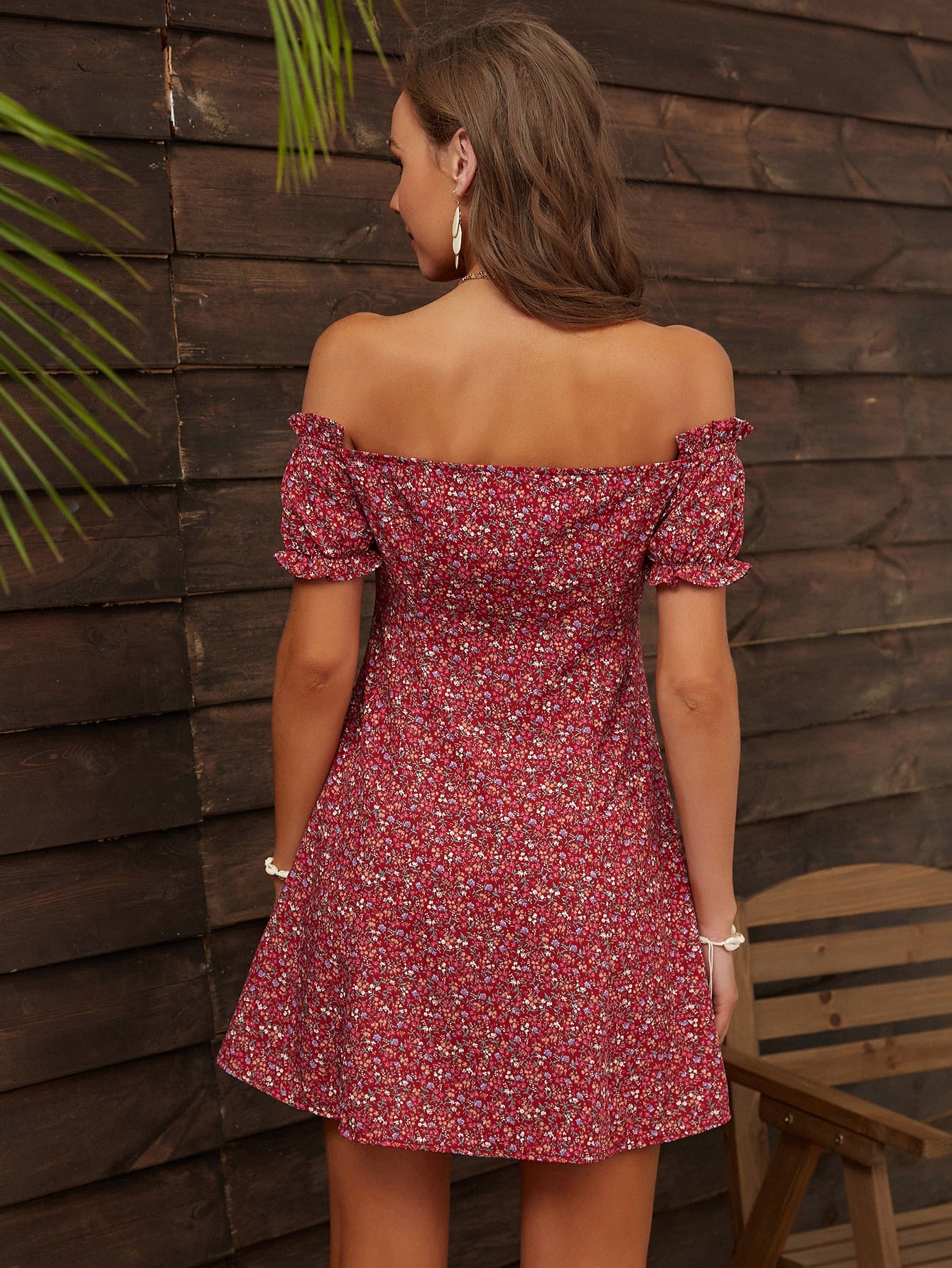 Ditsy Floral Off Shoulder Button Front Dress