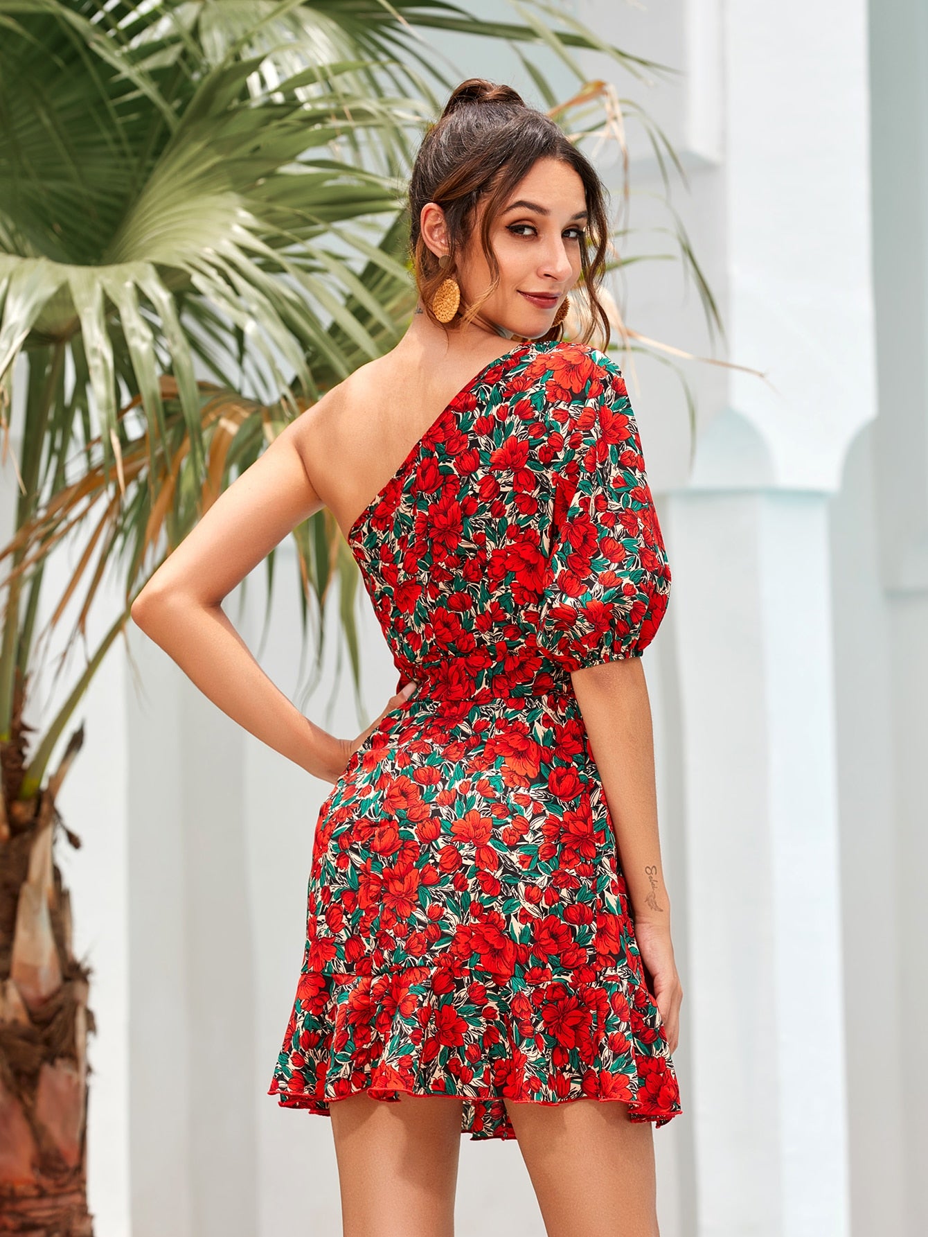 Floral Print One Shoulder Belted Chiffon Dress