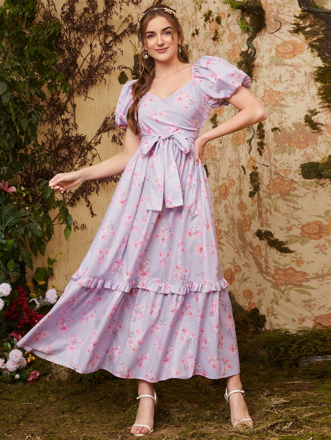 Sweetheart Neck Puff Sleeve Self Belted Floral Dress