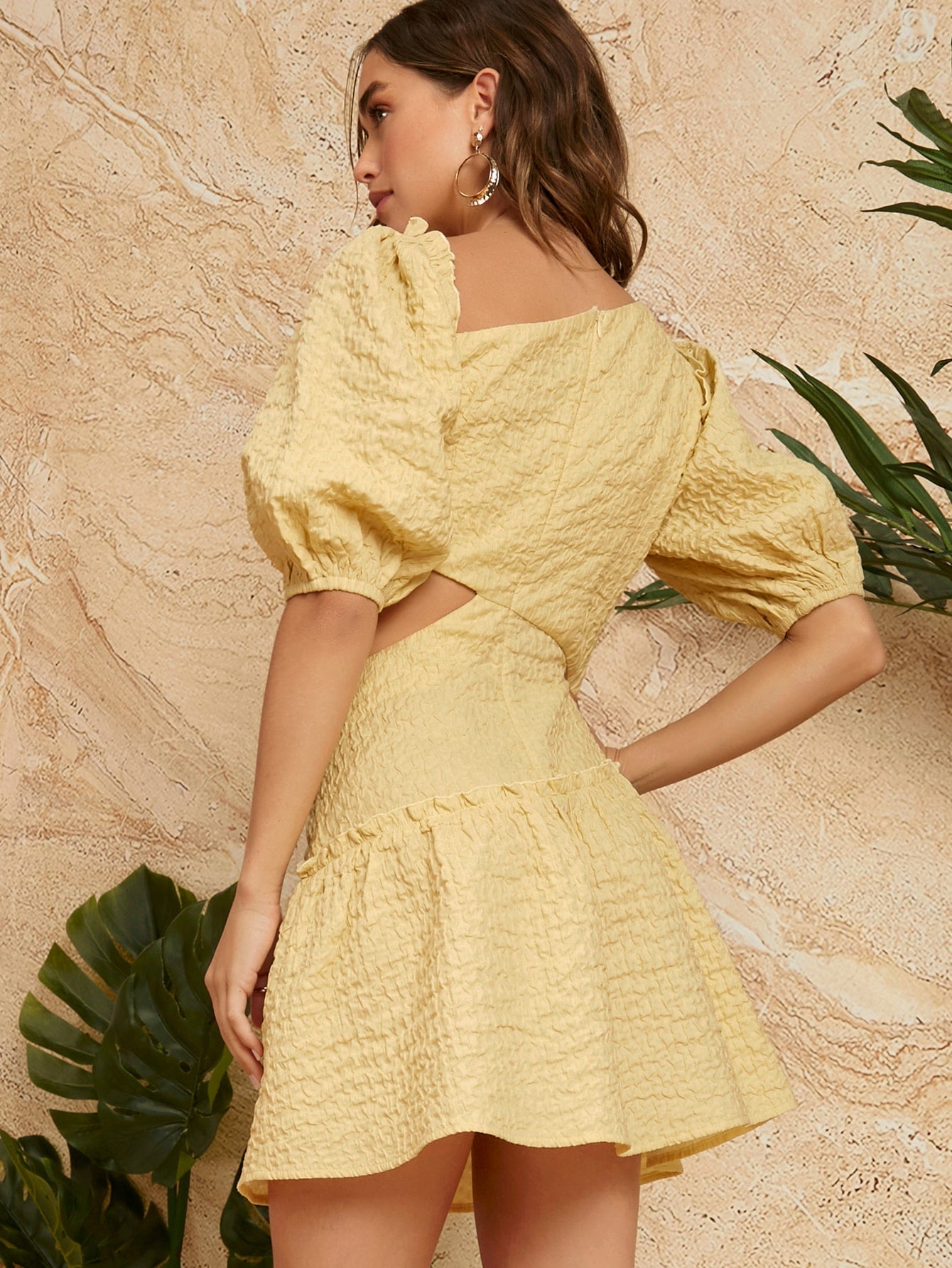 Asymmetrical Neck Lantern Sleeve Cutout Waist Dress