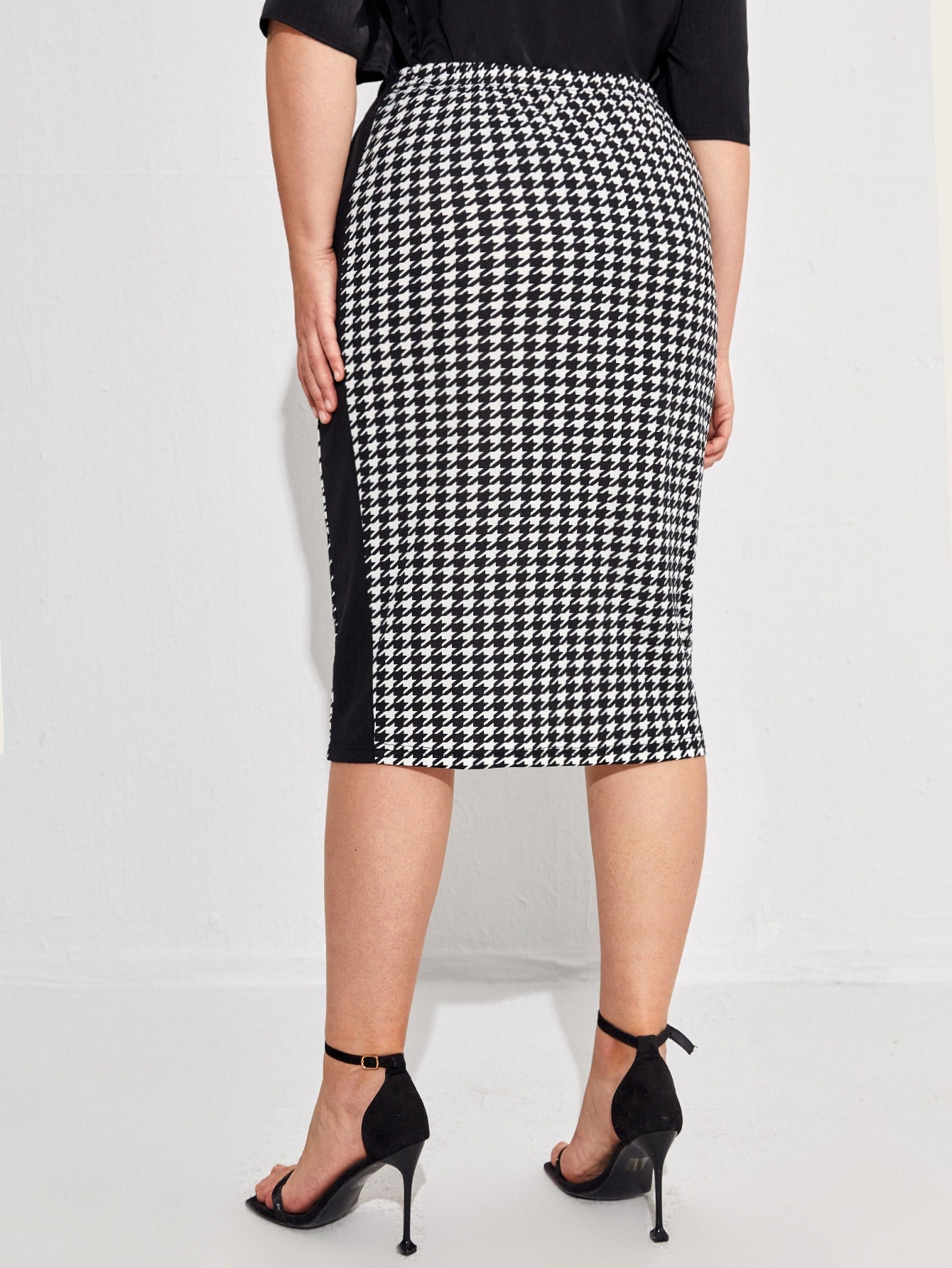 Plus Striped Side Houndstooth Pencil Skirt