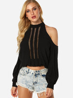 Wholesale Cold Shoulder Hollow Long Sleeve Black Top