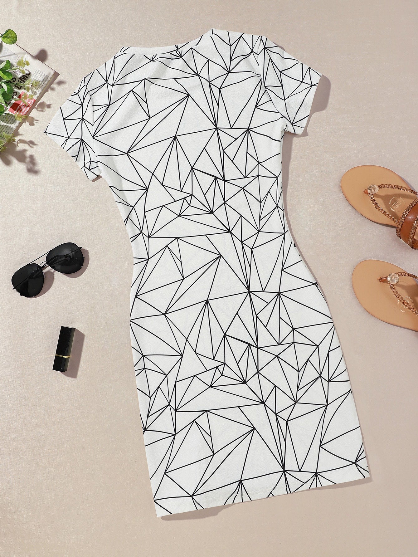 Geo Print Slit Hem Fitted Dress