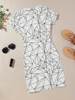 Geo Print Slit Hem Fitted Dress
