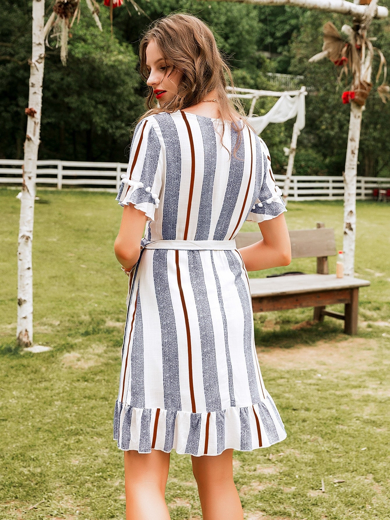 Simplee Pom Pom Ruffle Trim Wrap Knot Striped Dress