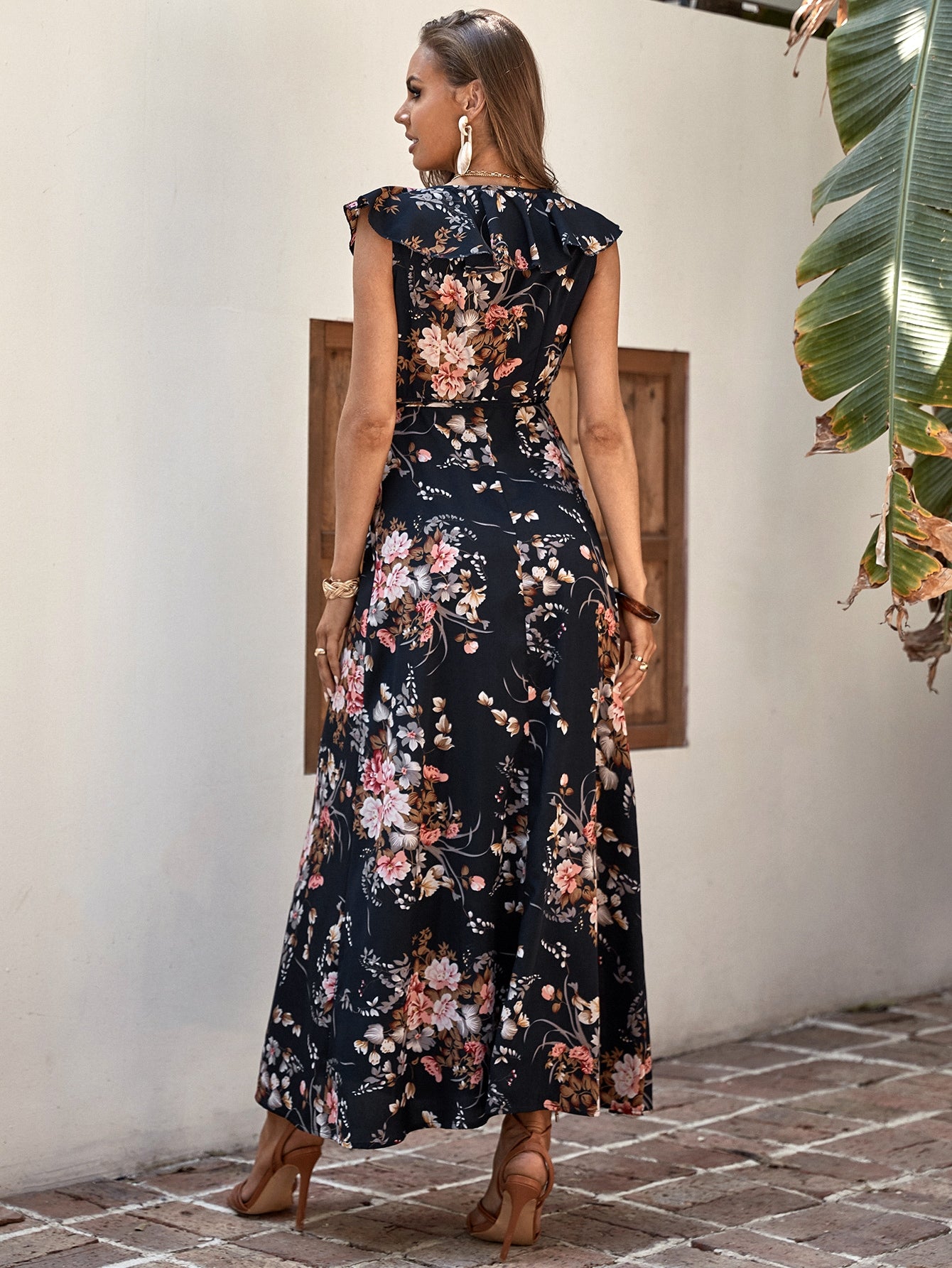 Floral Print Ruffle Trim Wrap Dress