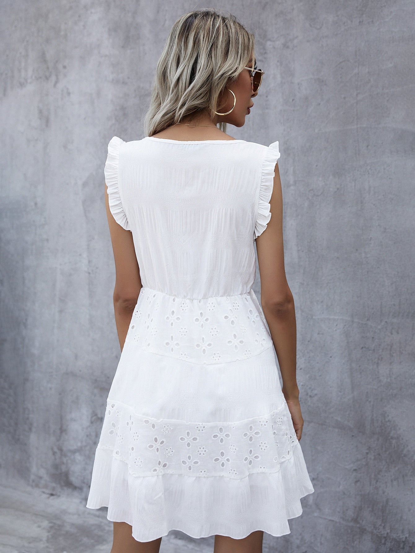 Frill Trim Eyelet Embroidery Insert Dress