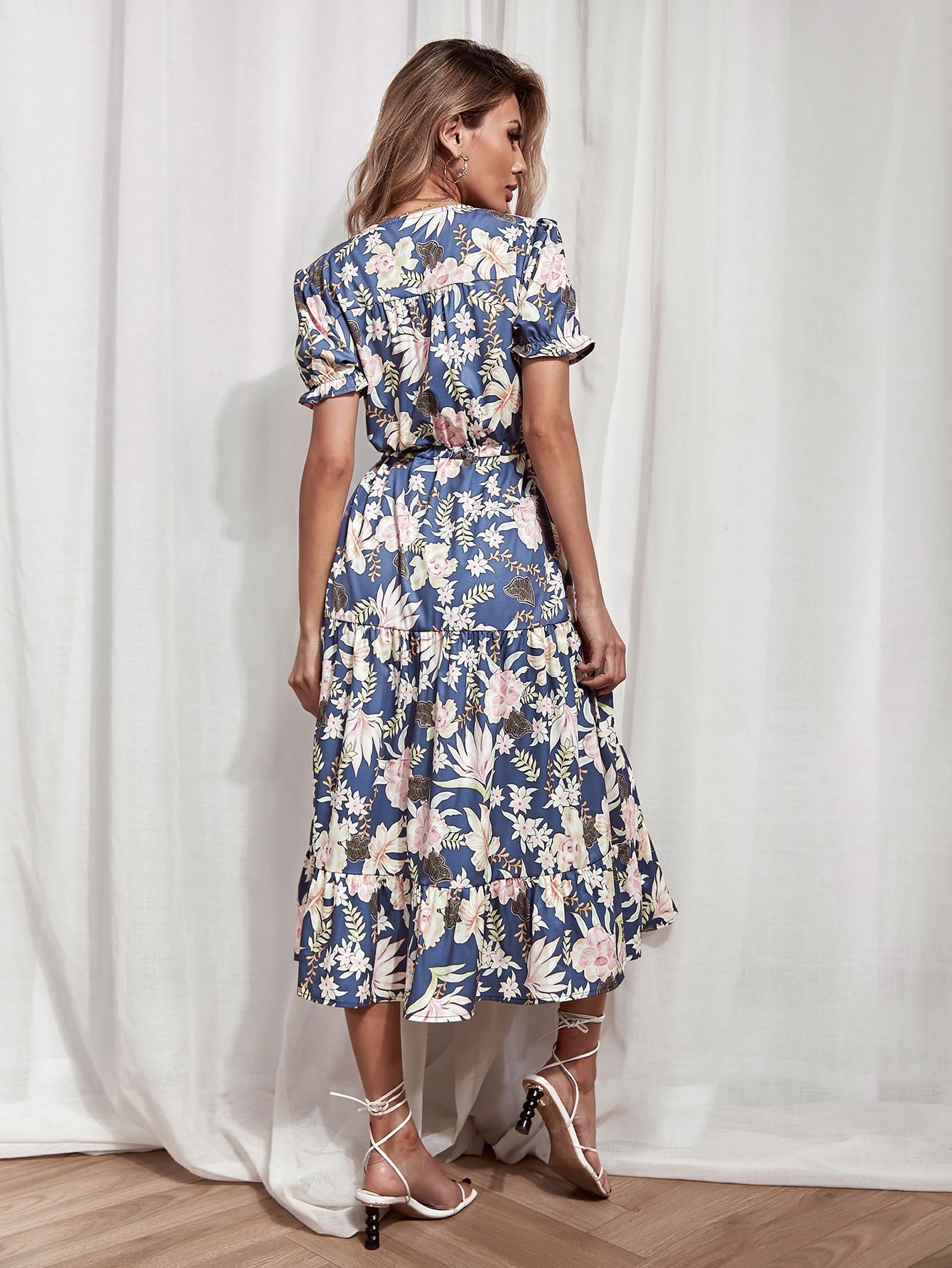 Floral Split Front Ruffle Hem A-line Dress