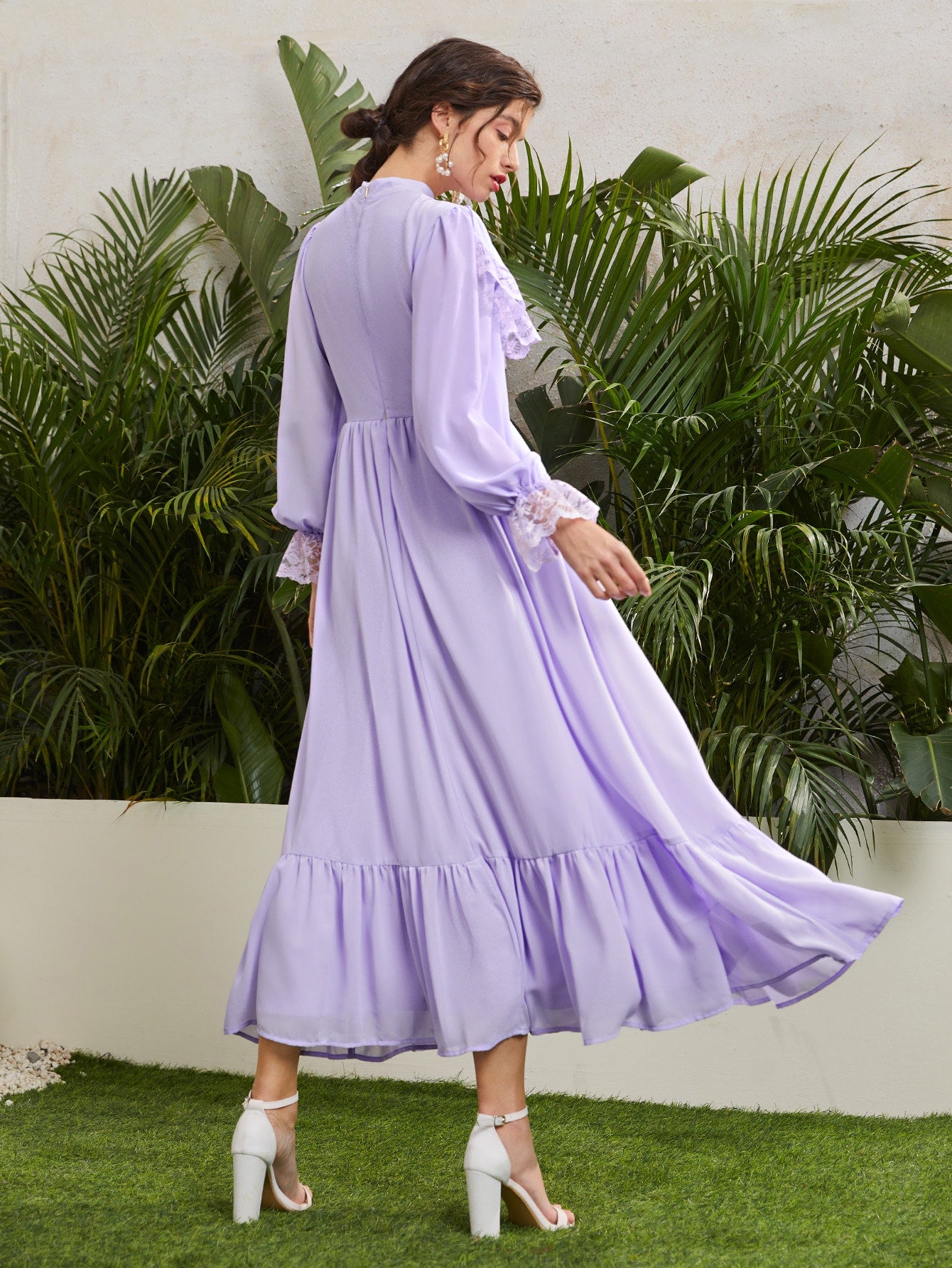 Mock Neck Lace Insert Ruffle Hem Dress