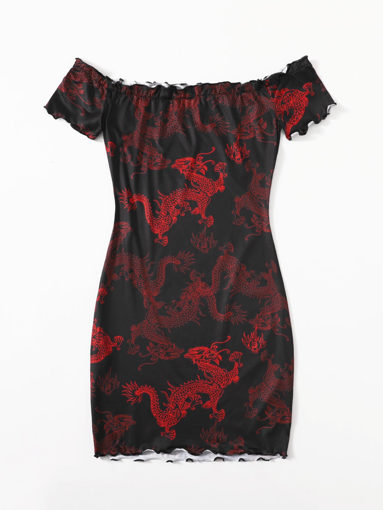 Chinese Dragon Print Off Shoulder Lettuce Trim Bodycon Dress