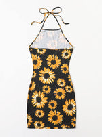 Sunflower Print Halter Bodycon Dress