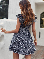 Ditsy Floral Print Ruffle Sleeve Belted Dress