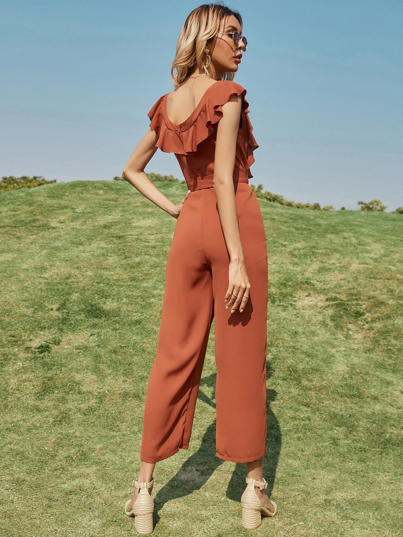 Solid Ruffle Trim Belted Jumpsuit