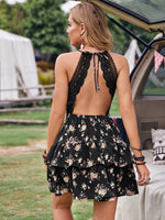 Guipure Lace Insert Open Back Floral Layered Dress