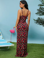 Draped Neck Split Thigh Floral Print Slip Dress
