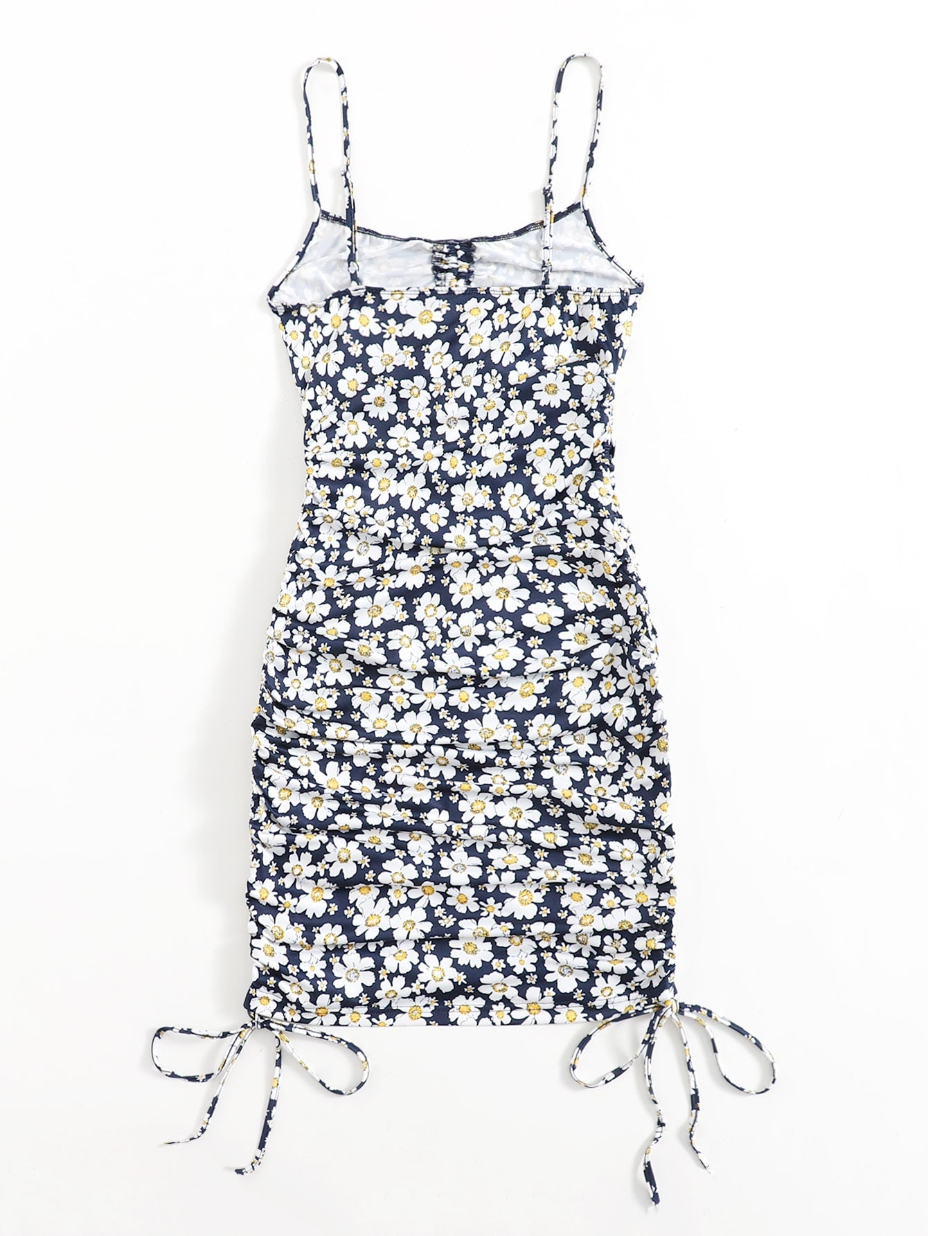 Drawstring Ruched Detail Allover Floral Print Dress