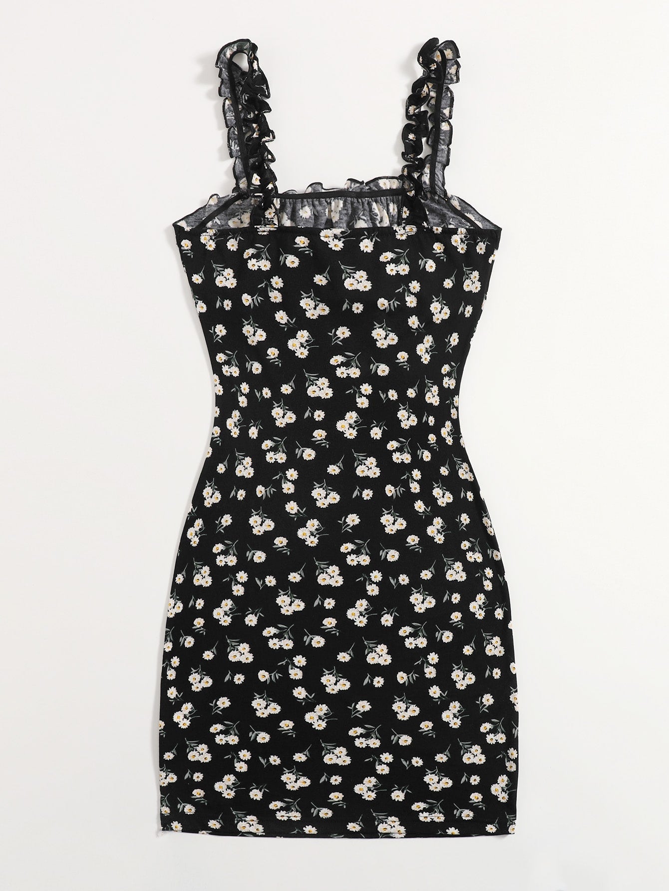 Frilled Strap Tie Front Ruched Bust Daisy Floral Dress