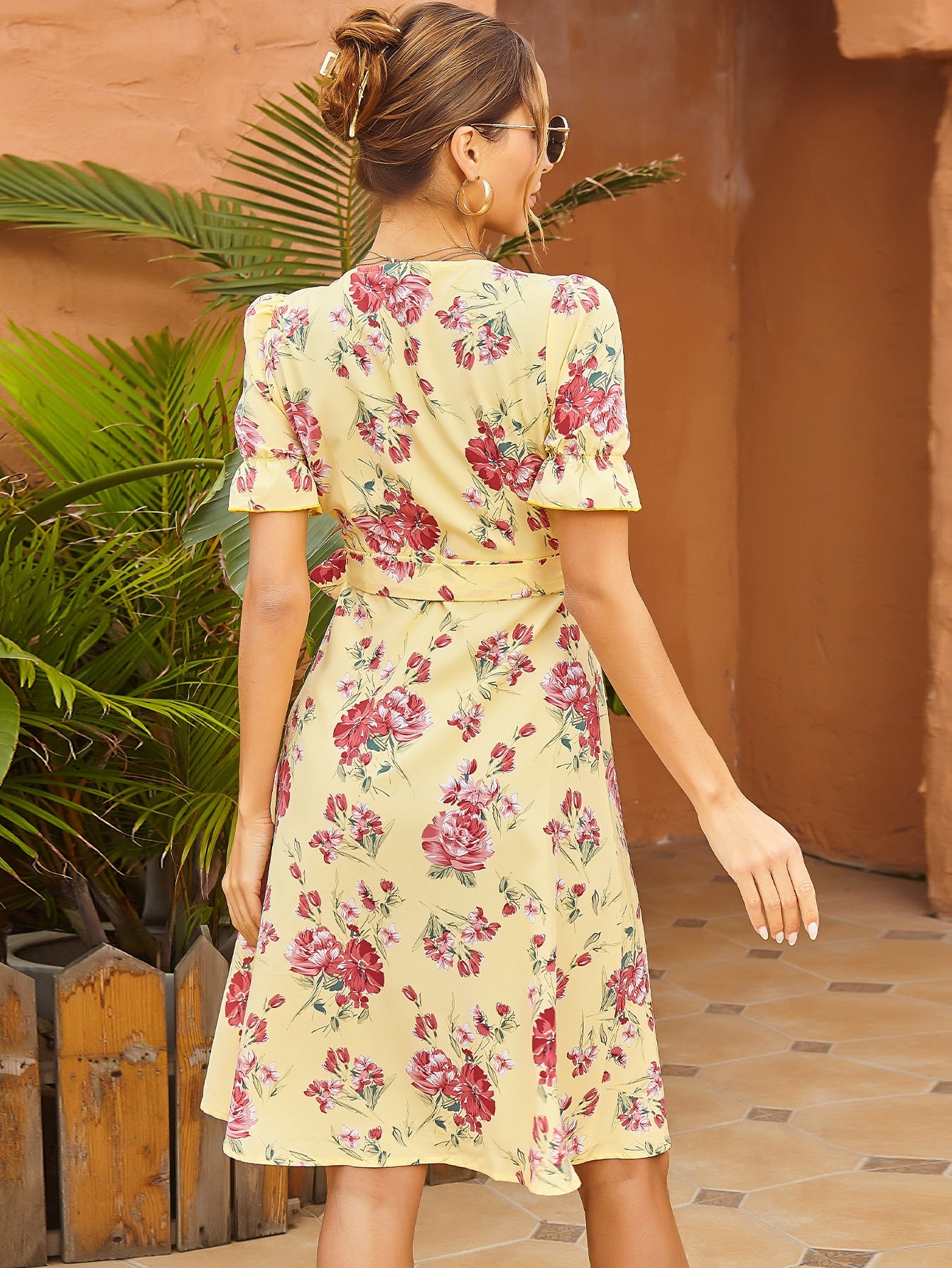 Floral Plunging Neck Belted Dress