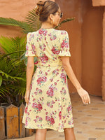 Floral Plunging Neck Belted Dress