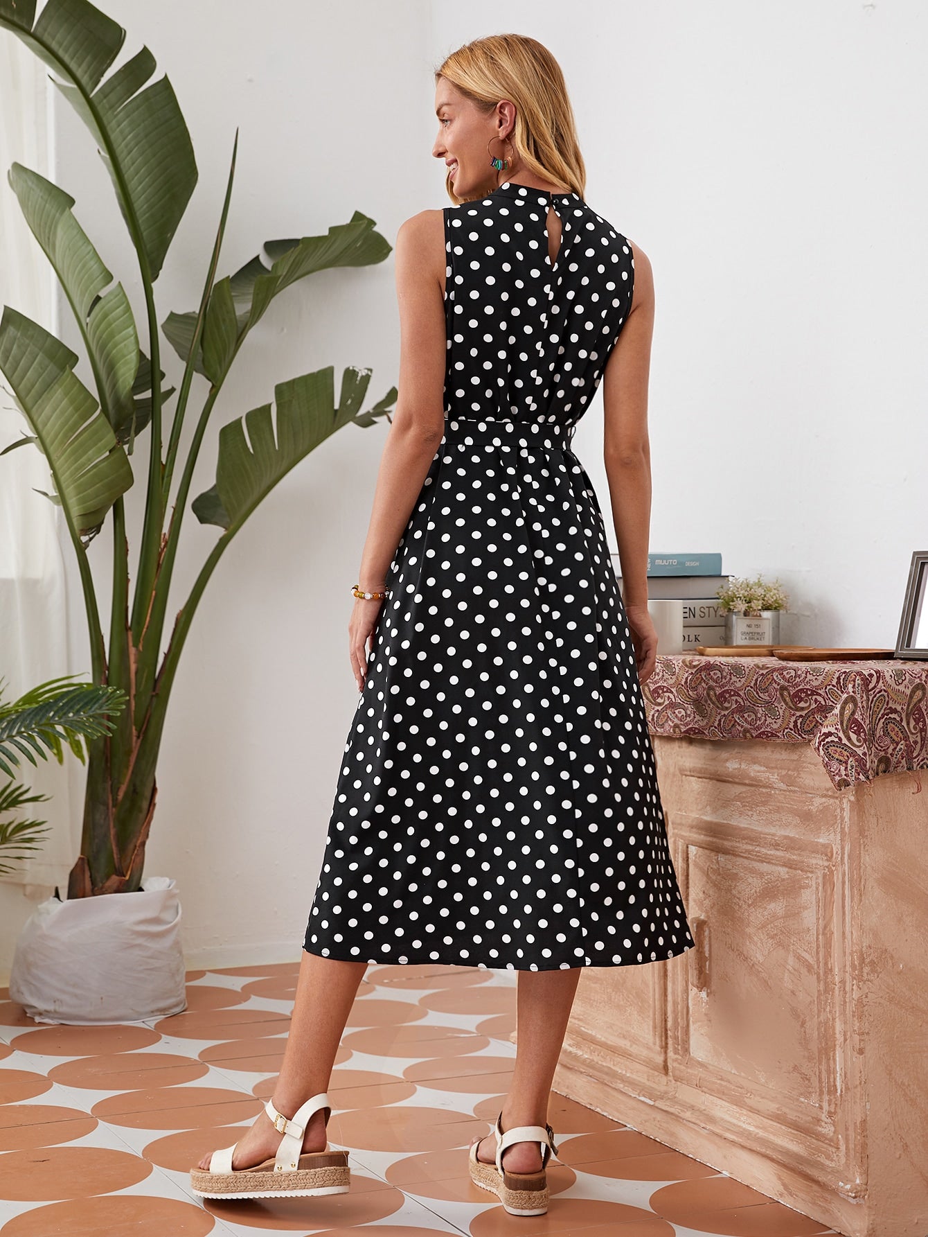 Keyhole Back Belted Polka Dot Dress