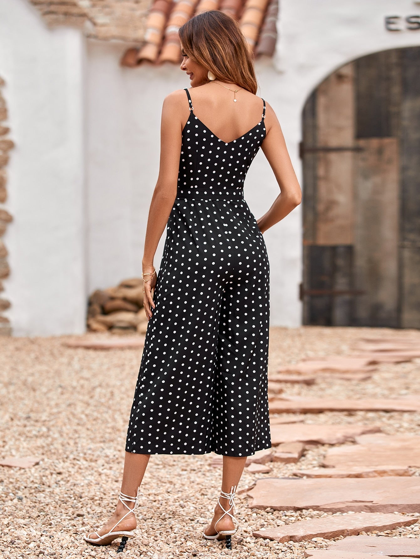 Polka Dot Belted Cami Jumpsuit