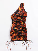 Allover Fire Dragon Print One Shoulder Drawstring Ruched Side Dress