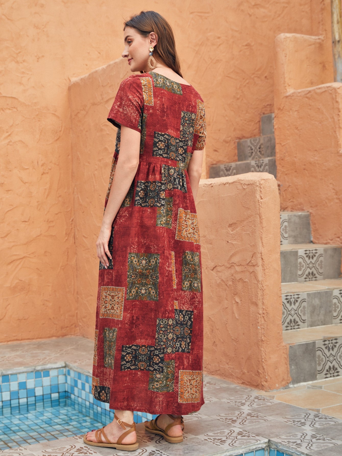 Color-block Scarf Print Smock Dress