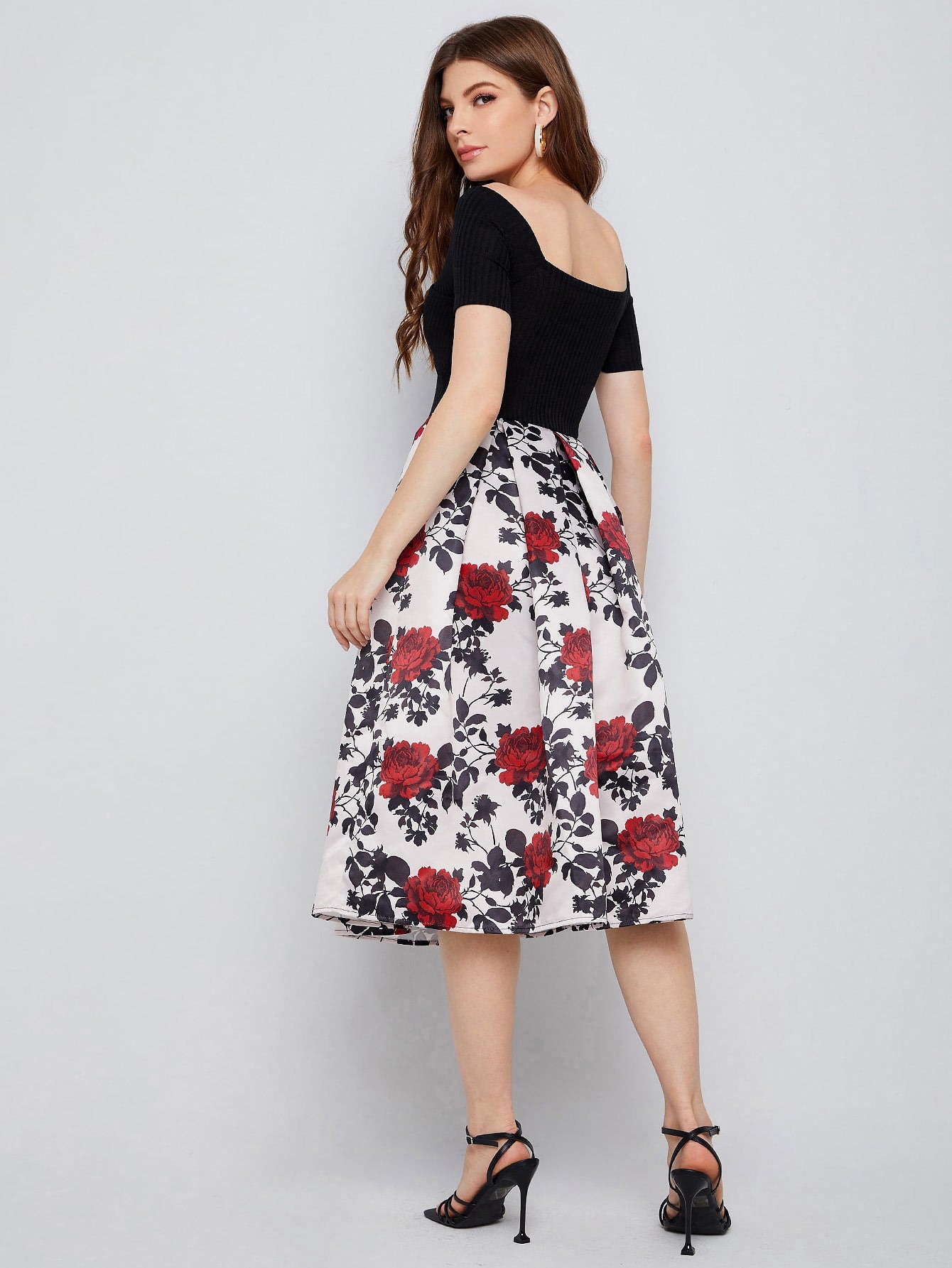 Off Shoulder Colorblock Floral Pleated Hem Combo Dress