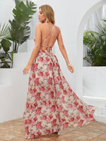 Allover Floral Print Lace Up Backless Slip Dress