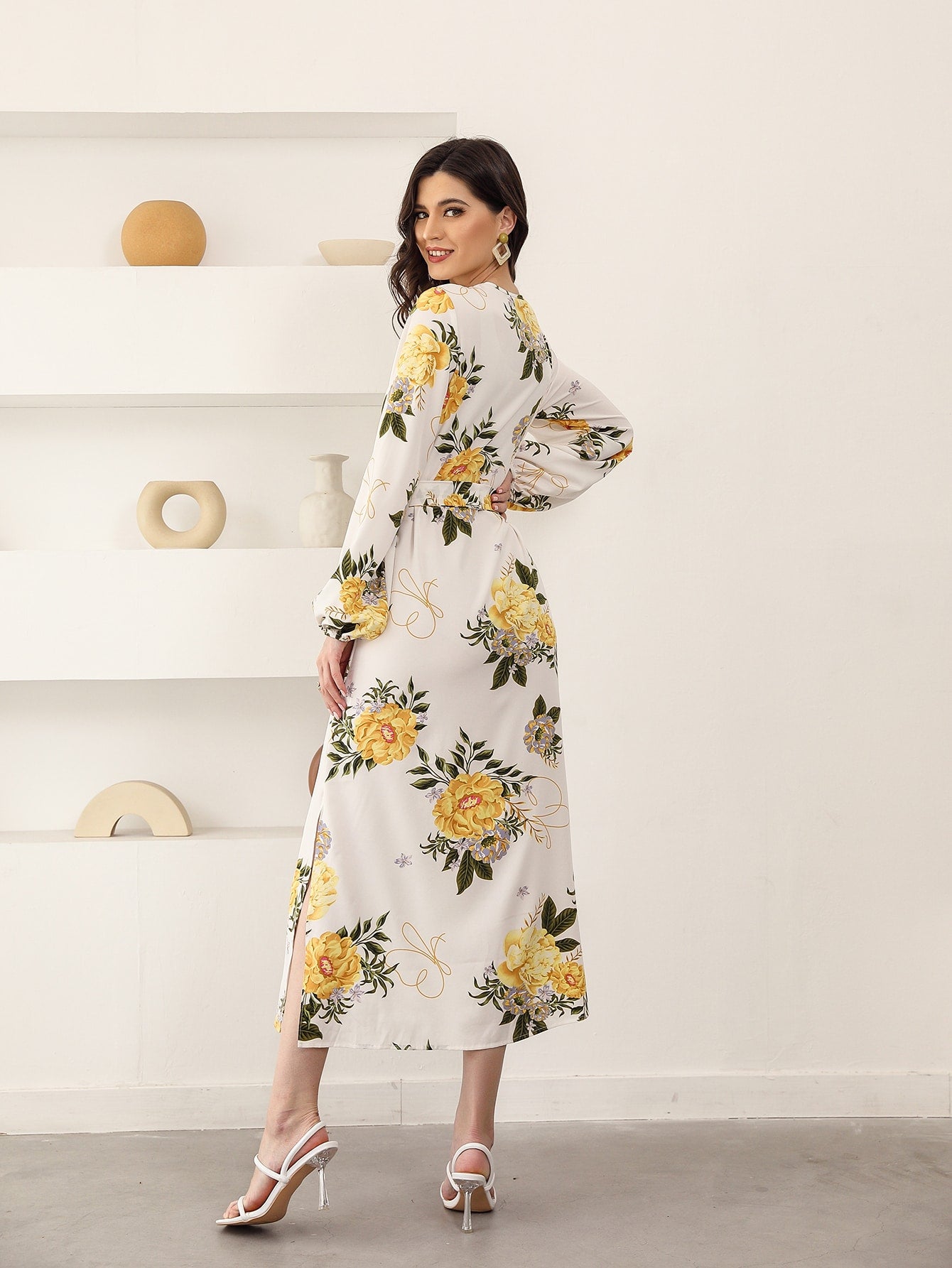 Floral Print Self Tie Split Side Dress