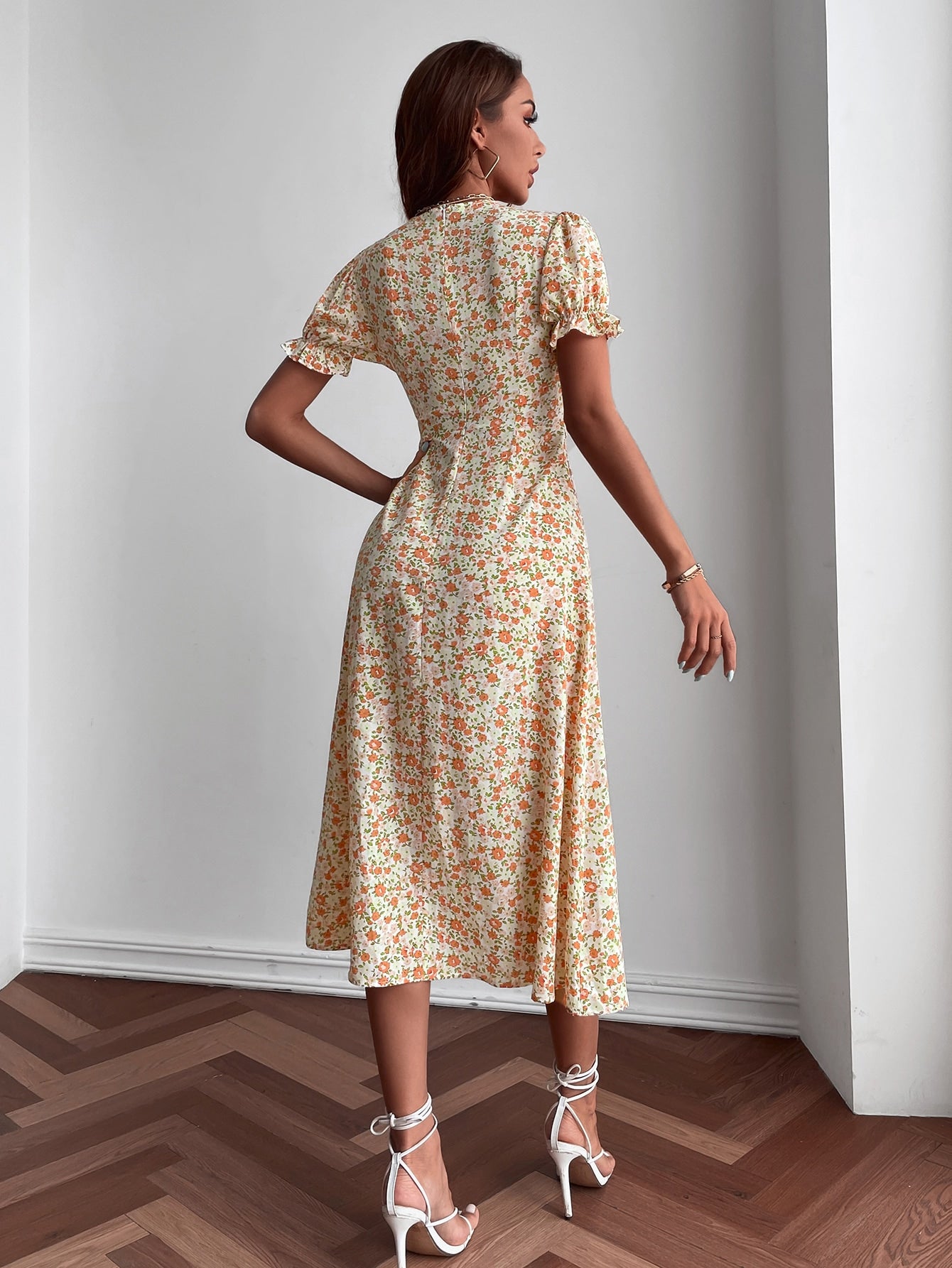 All Over Floral Print Puff Sleeve Tie Front Dress