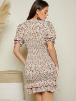 Allover Floral Print Ruffle Detail Shirred Dress
