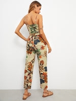 Surplice Neck Self Belted Tropical Print Cami Jumpsuit