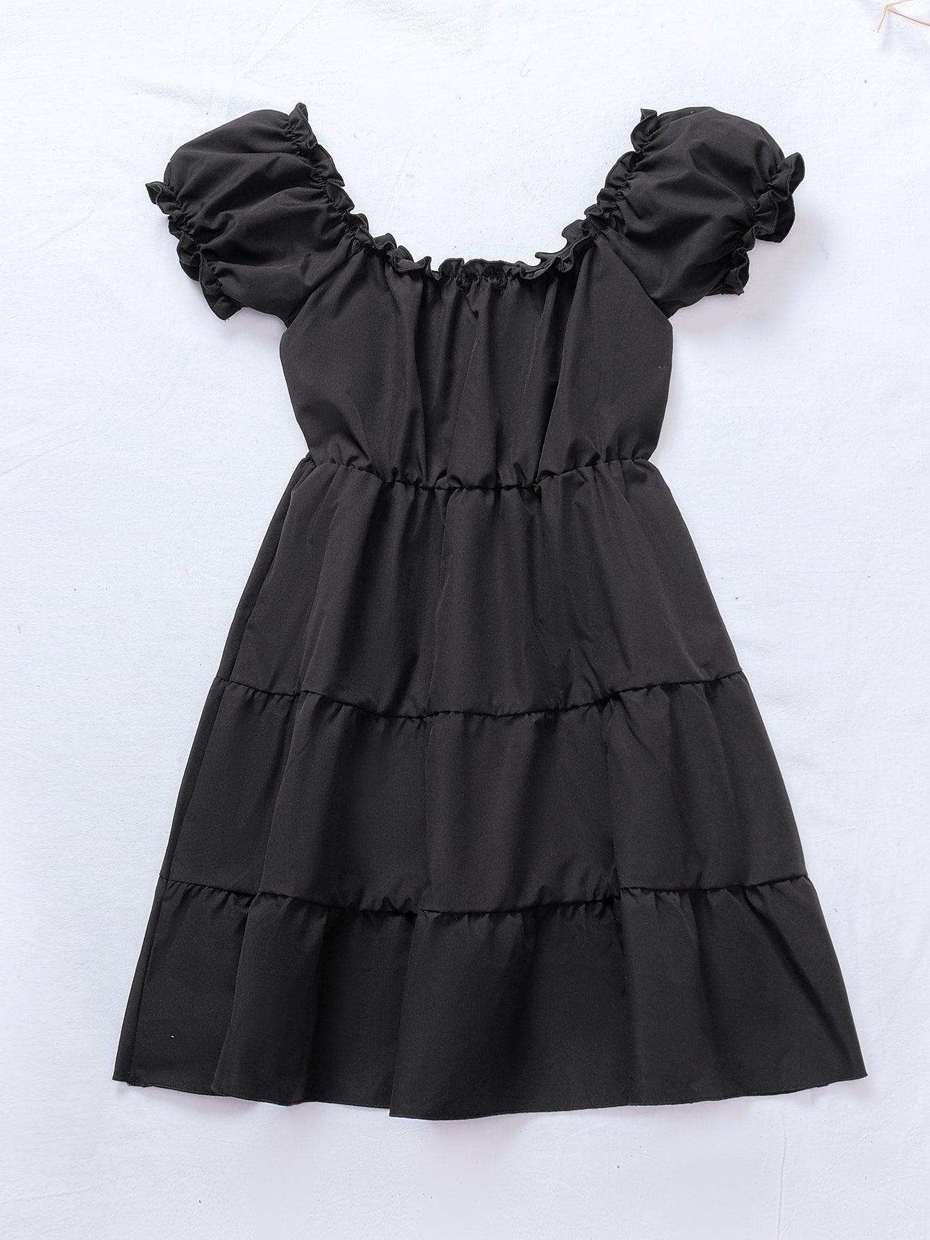 Puff Sleeve Frill Trim Ruffle Hem Dress