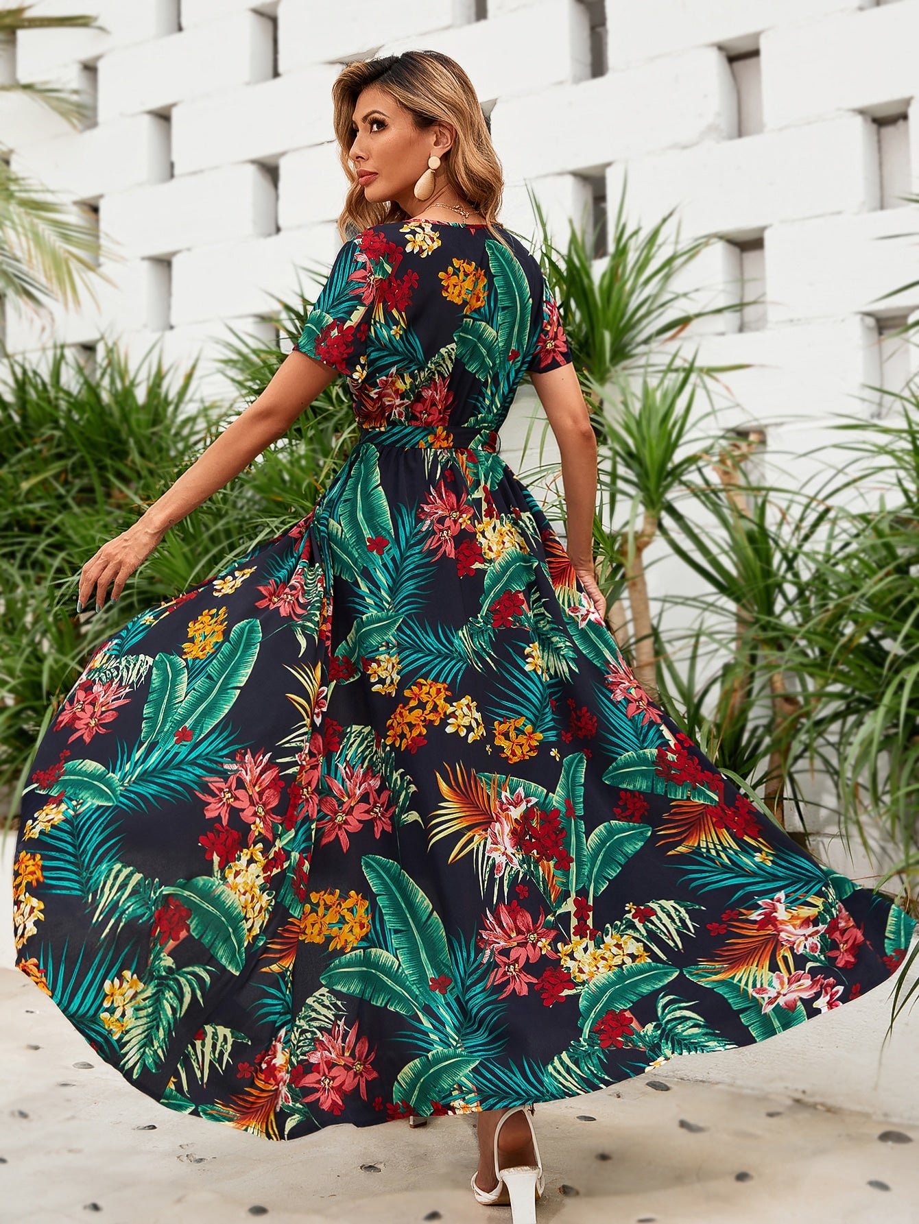 Floral And Tropical Print Belted Wrap Dress