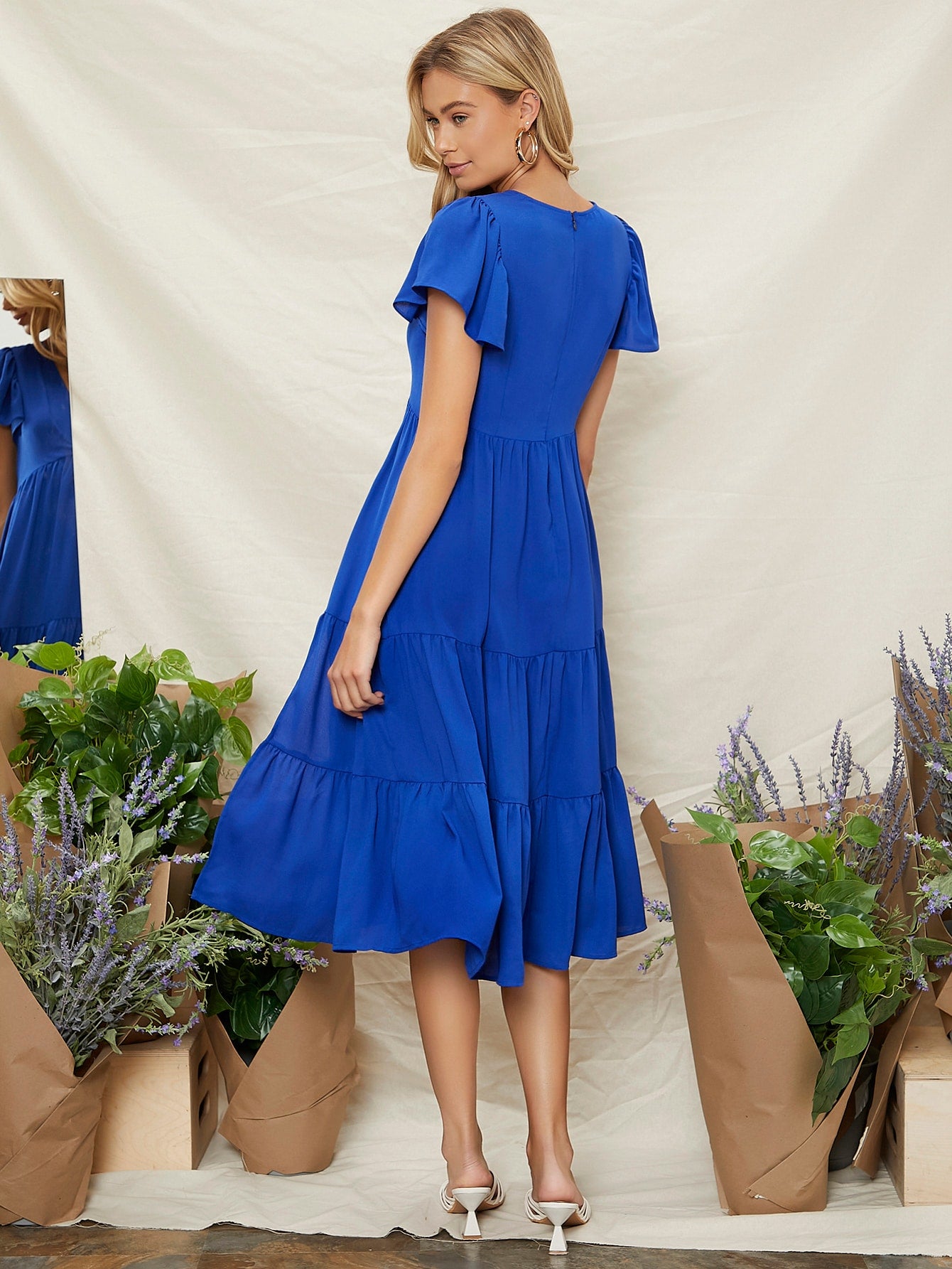 Plunging V Neck Split Thigh Ruffle Hem Dress