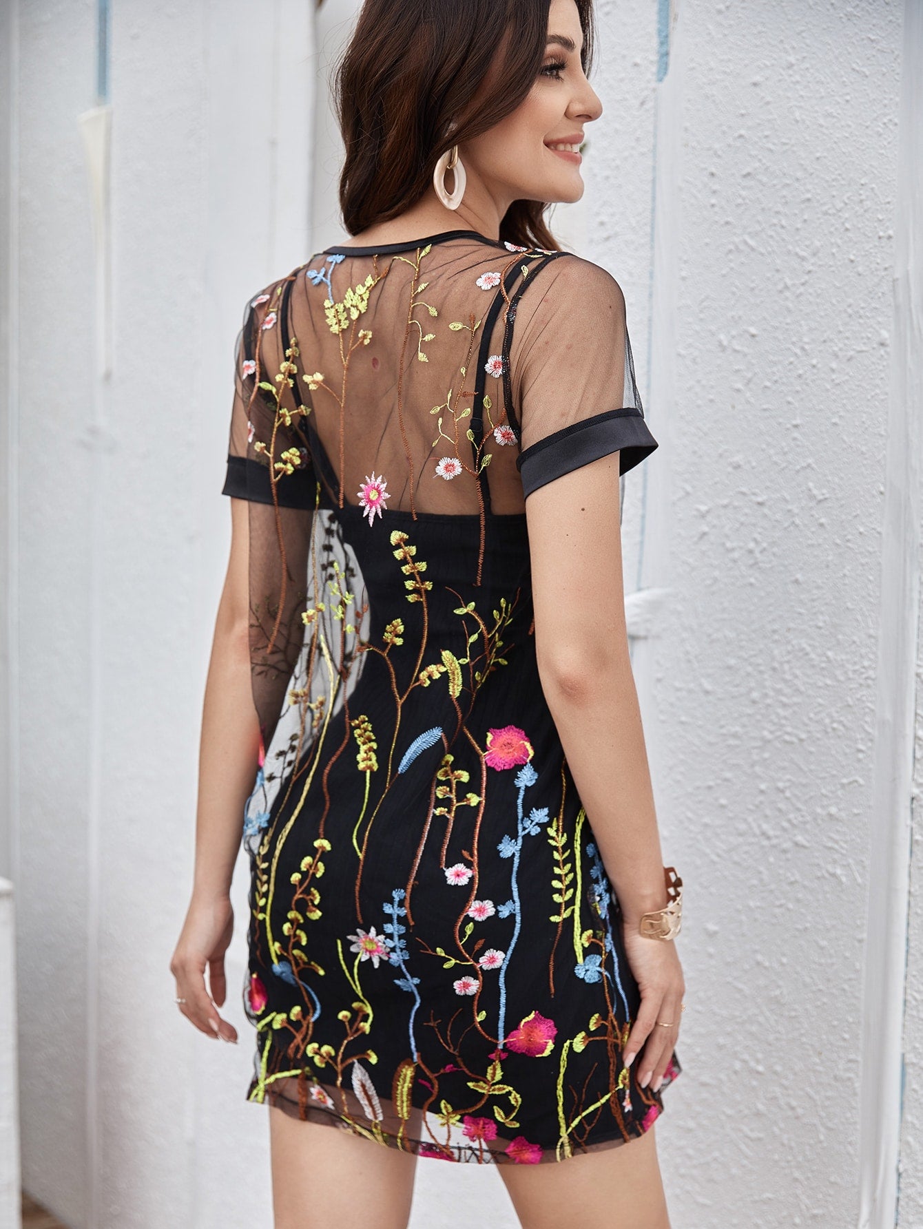 Floral Embroidery Mesh Dress Without Camisole