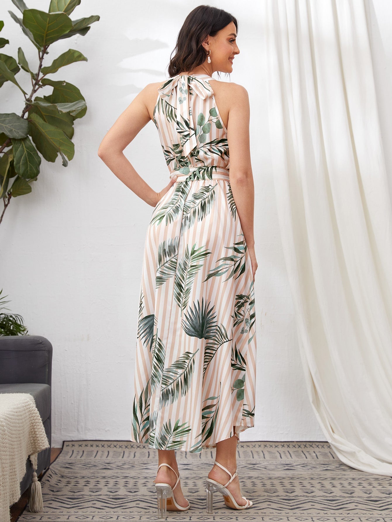 Keyhole Neck Tie Back Belted Tropical & Striped Dress