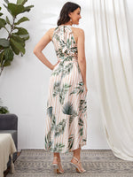 Keyhole Neck Tie Back Belted Tropical & Striped Dress