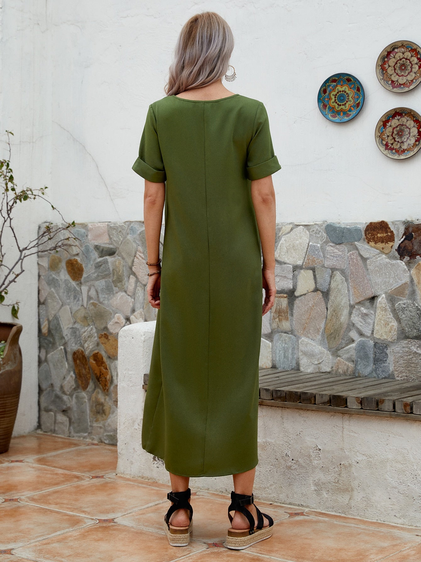 V-neck Cuffed Sleeve Solid Dress
