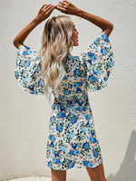 Flounce Sleeve Surplice Neck Knot Floral Dress