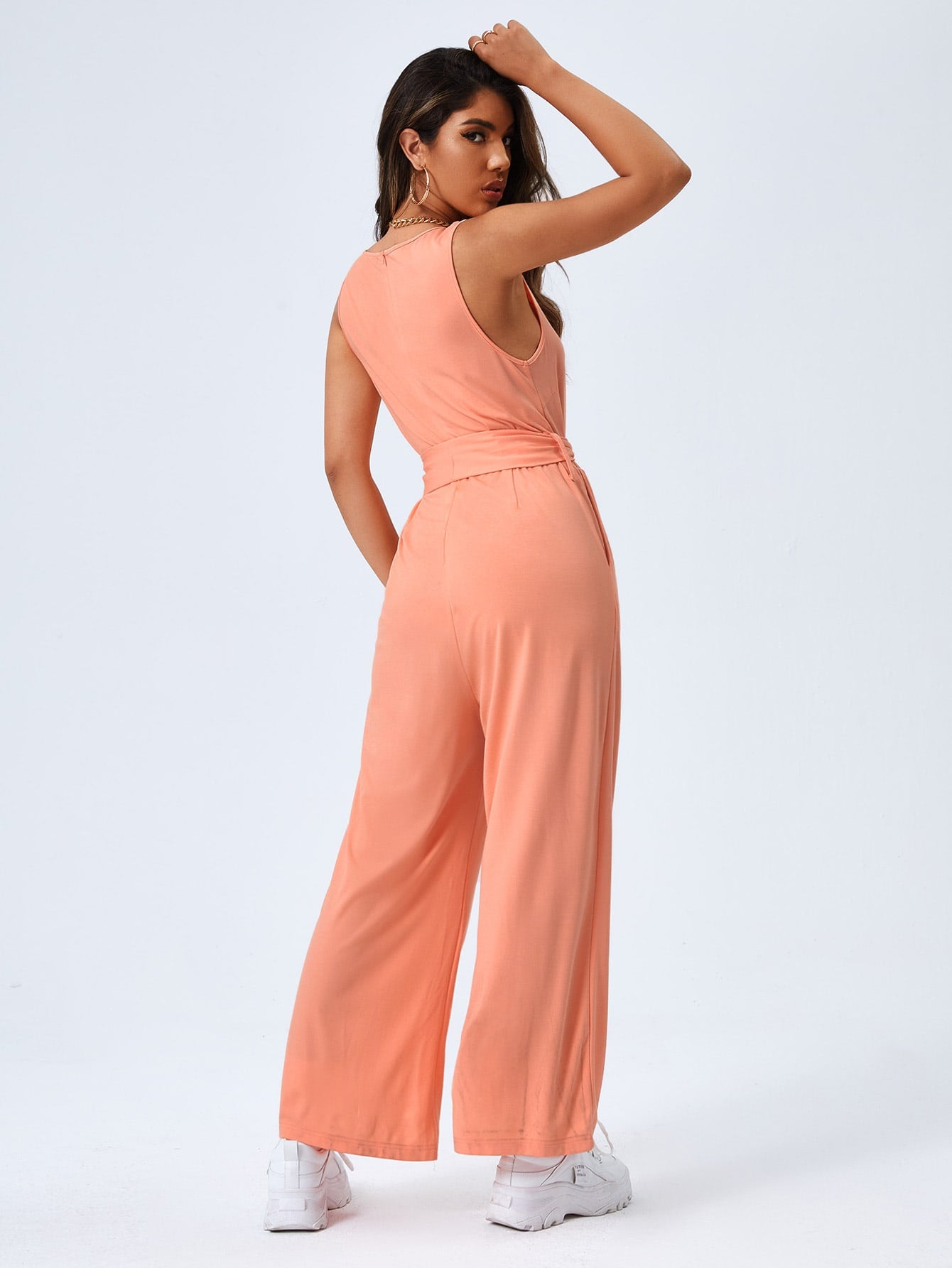 Solid Belted Tank Jumpsuit