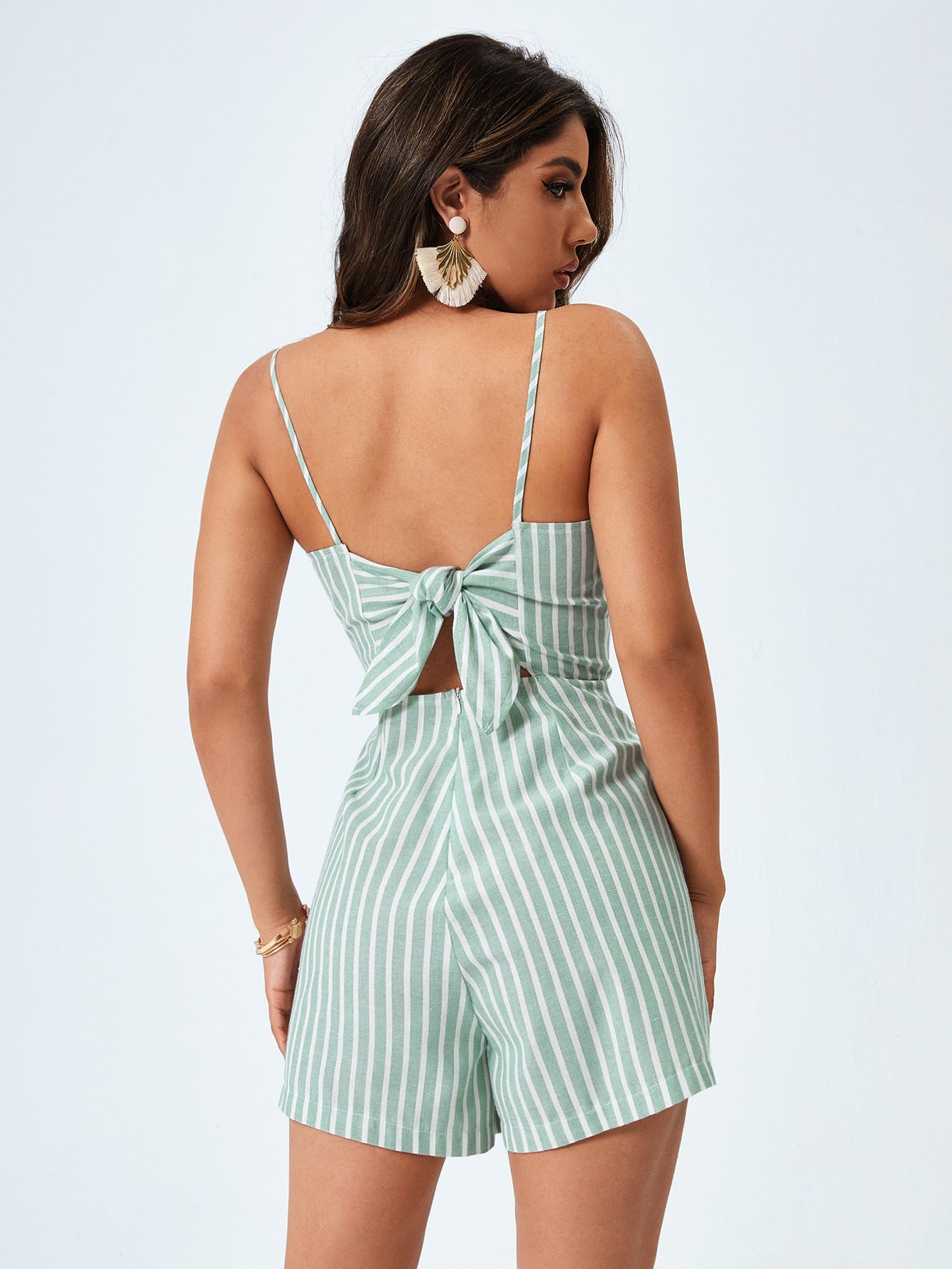 Tied Backless Striped Cami Romper