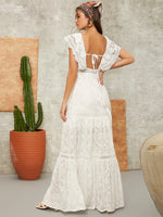 Tie Backless Ruffle Trim Guipure Lace Dress