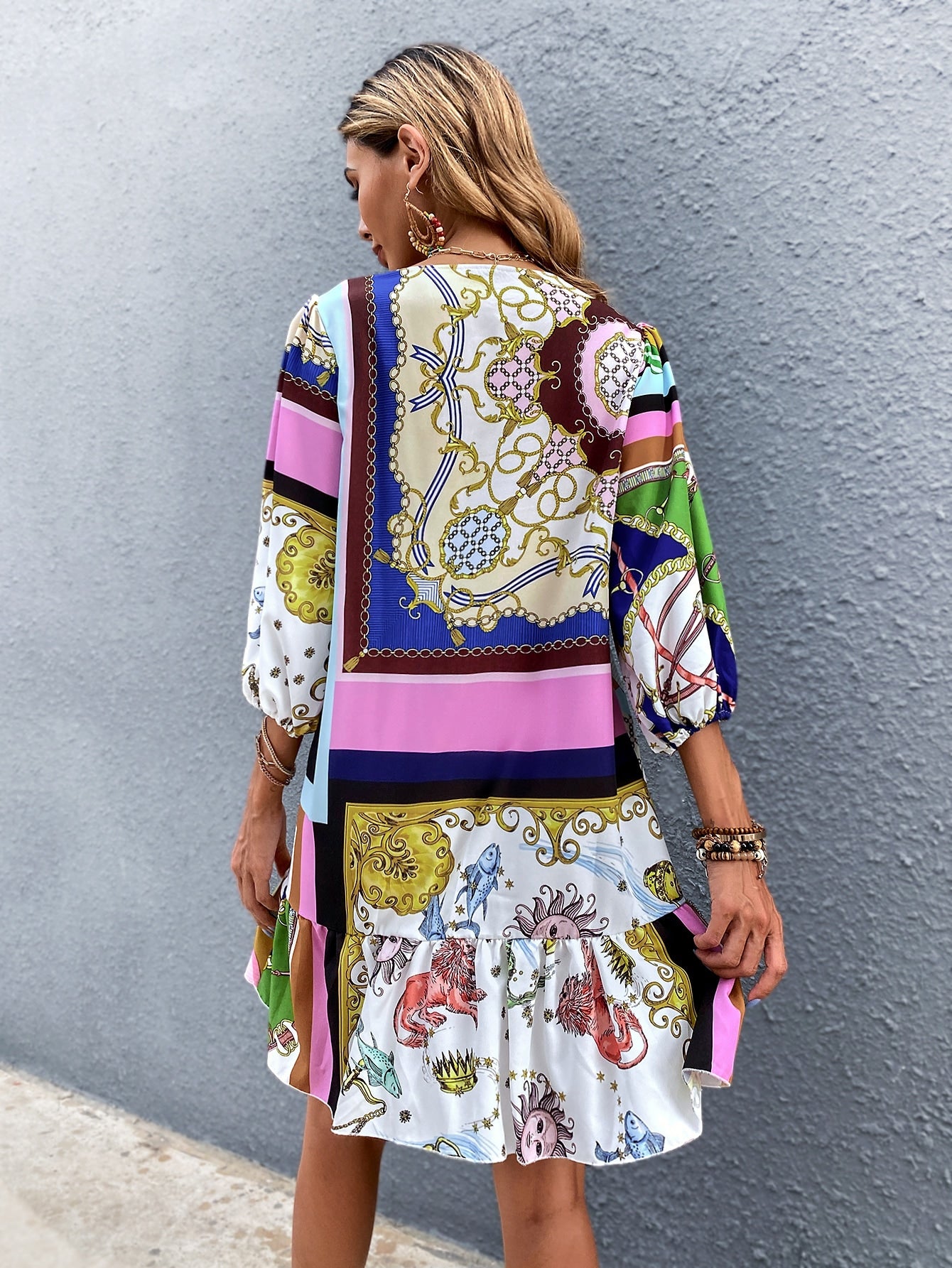 Chain Print Ruffle Hem Smock Dress