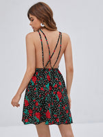 Floral And Polka Dot Print Backless Cami Dress