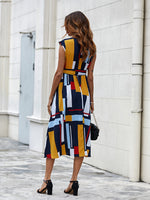 V Neck Color Block Belted Dress