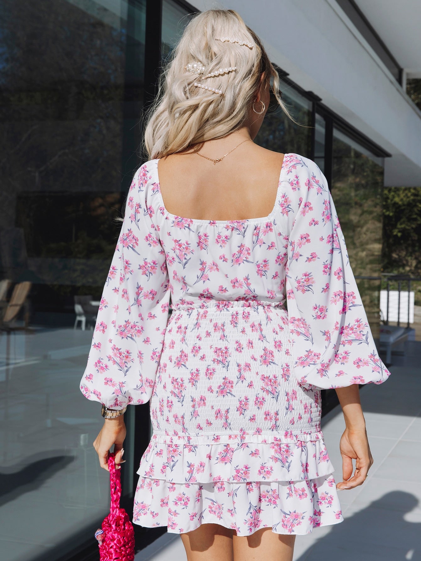 Lantern Sleeve Tie Front Shirred Layered Hem Floral Dress
