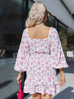 Lantern Sleeve Tie Front Shirred Layered Hem Floral Dress