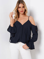 Wholesale V-Neck Crossed Collar Plain Crossed Front Long Sleeve Navy Blouses